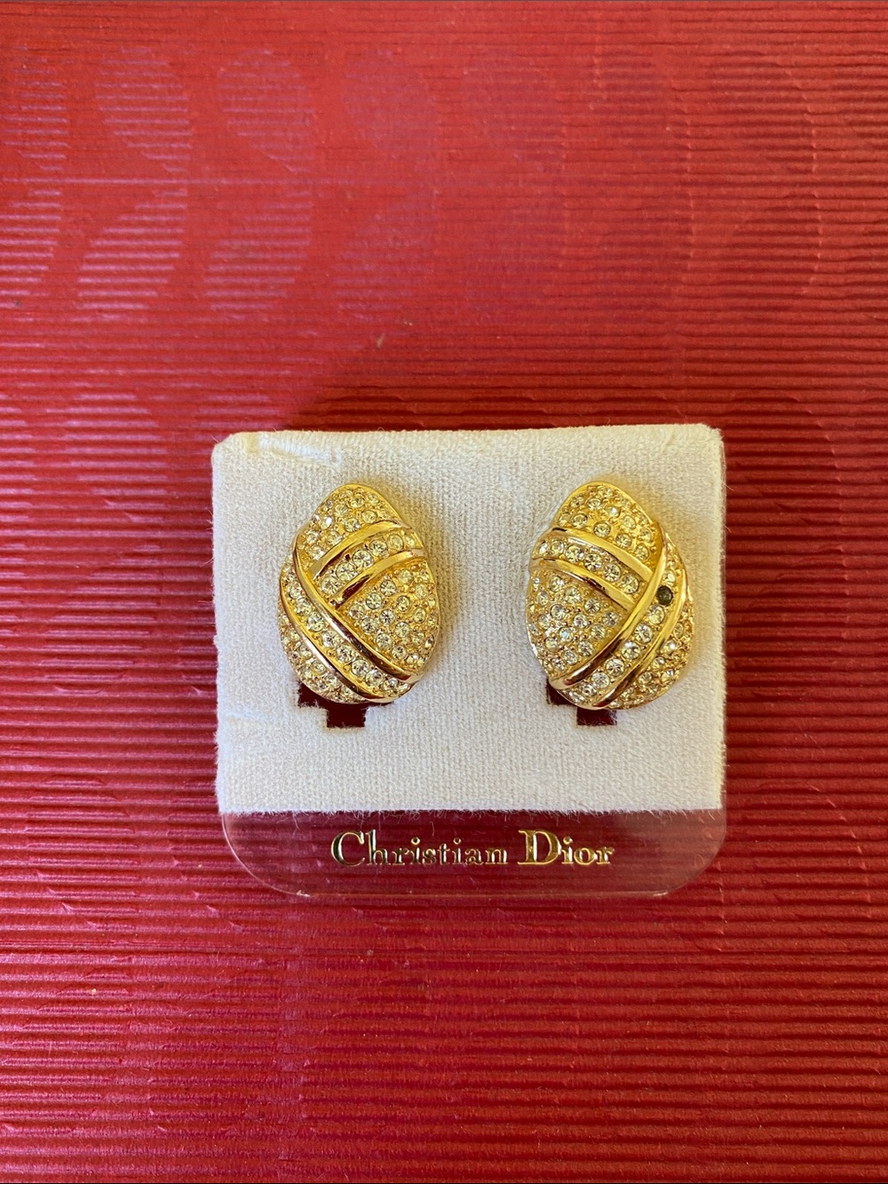 Vintage Christian Dior Gold Tone Rhinestone Teardrop Clip On Earrings